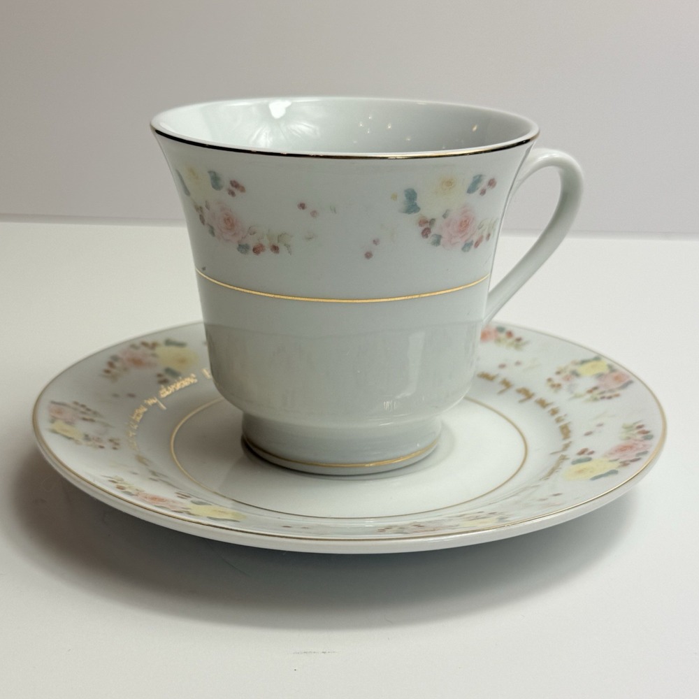Vintage DaySpring Scripture Teacup Saucer Set Exodus KJV Christian Floral Gold